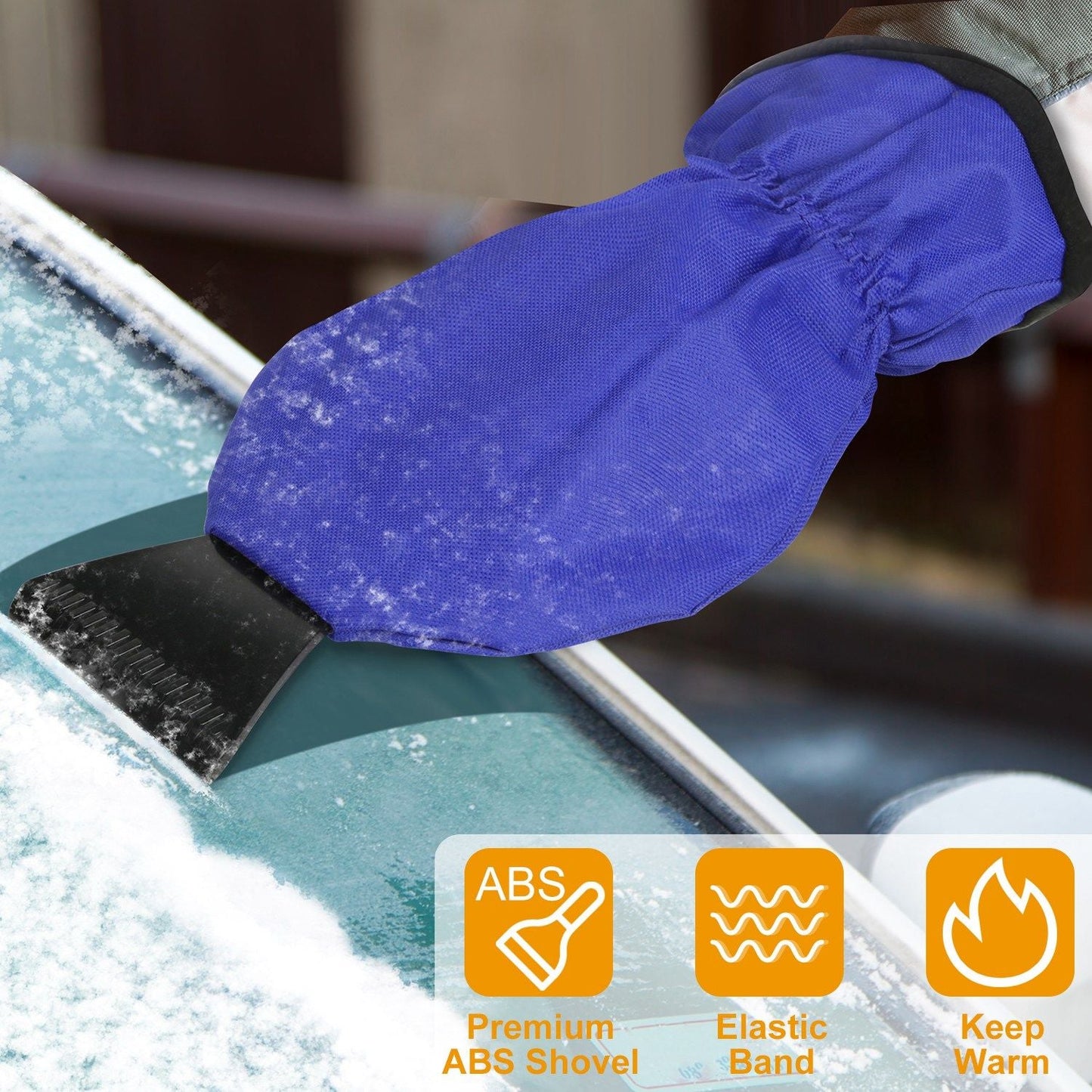 Blue fleece-lined ice scraper glove with black ABS edge for clearing car windshield snow