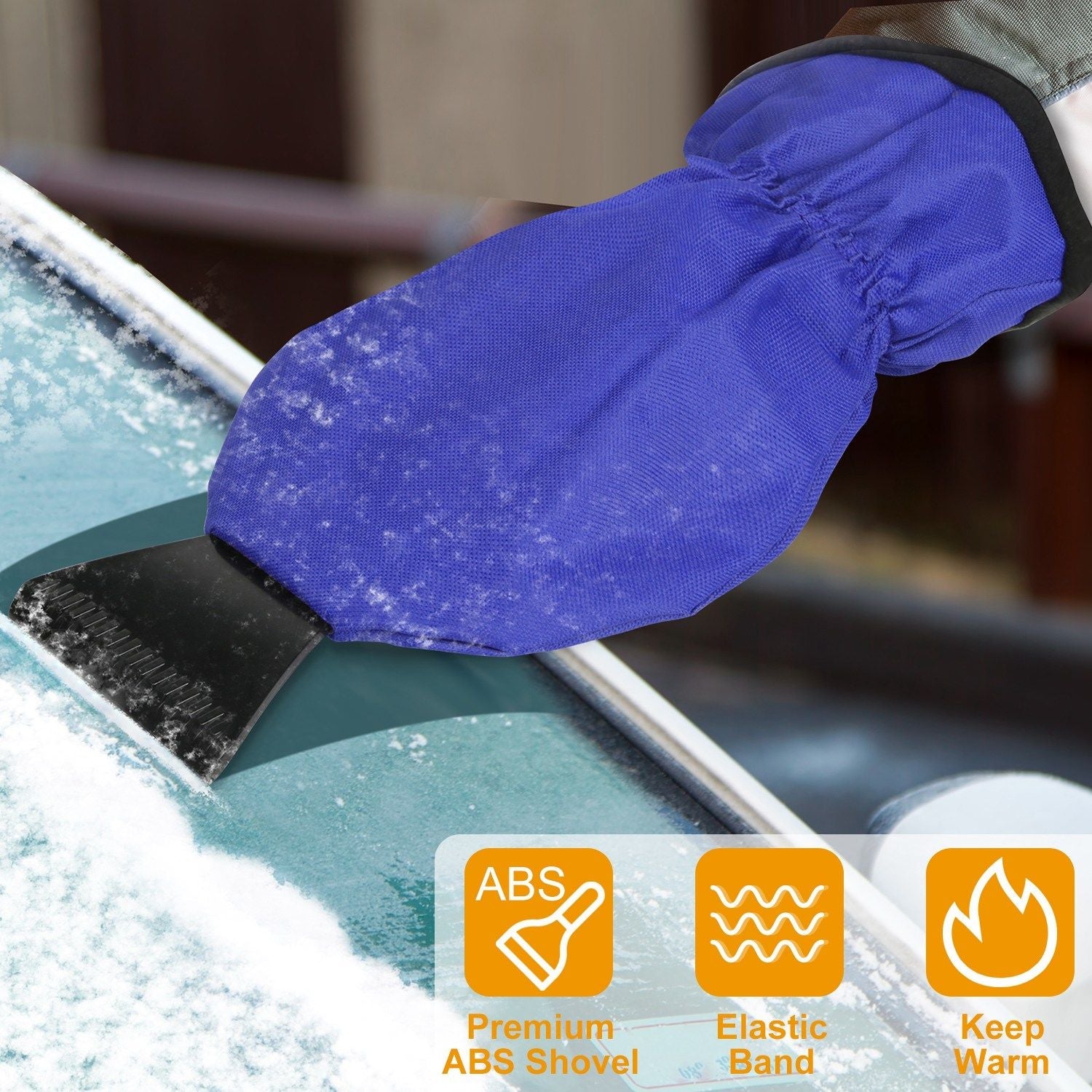 Blue fleece-lined ice scraper glove with black ABS edge for clearing car windshield snow