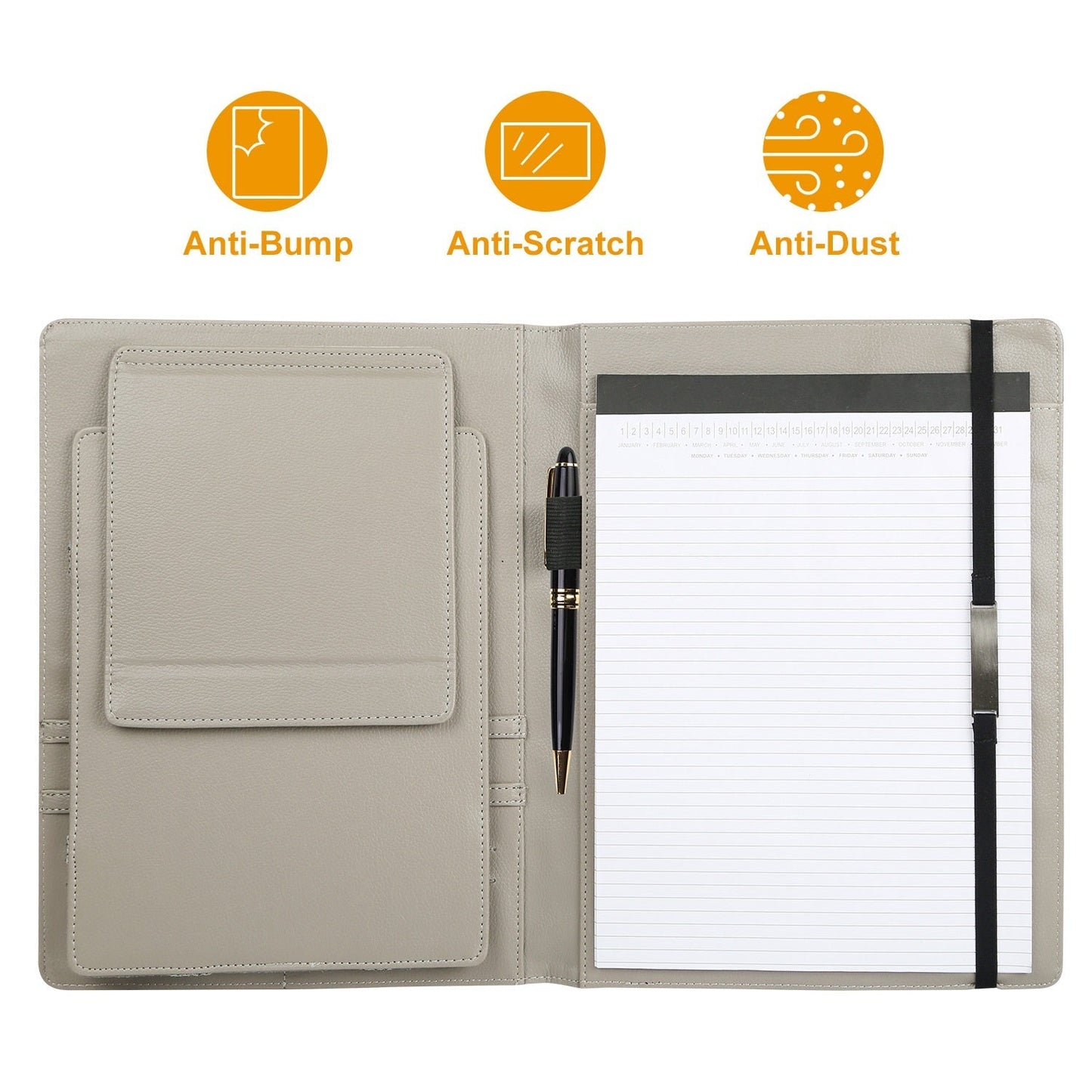 9.7in tablet organizer case with A5-style notepad, pen slot, and card holder, open