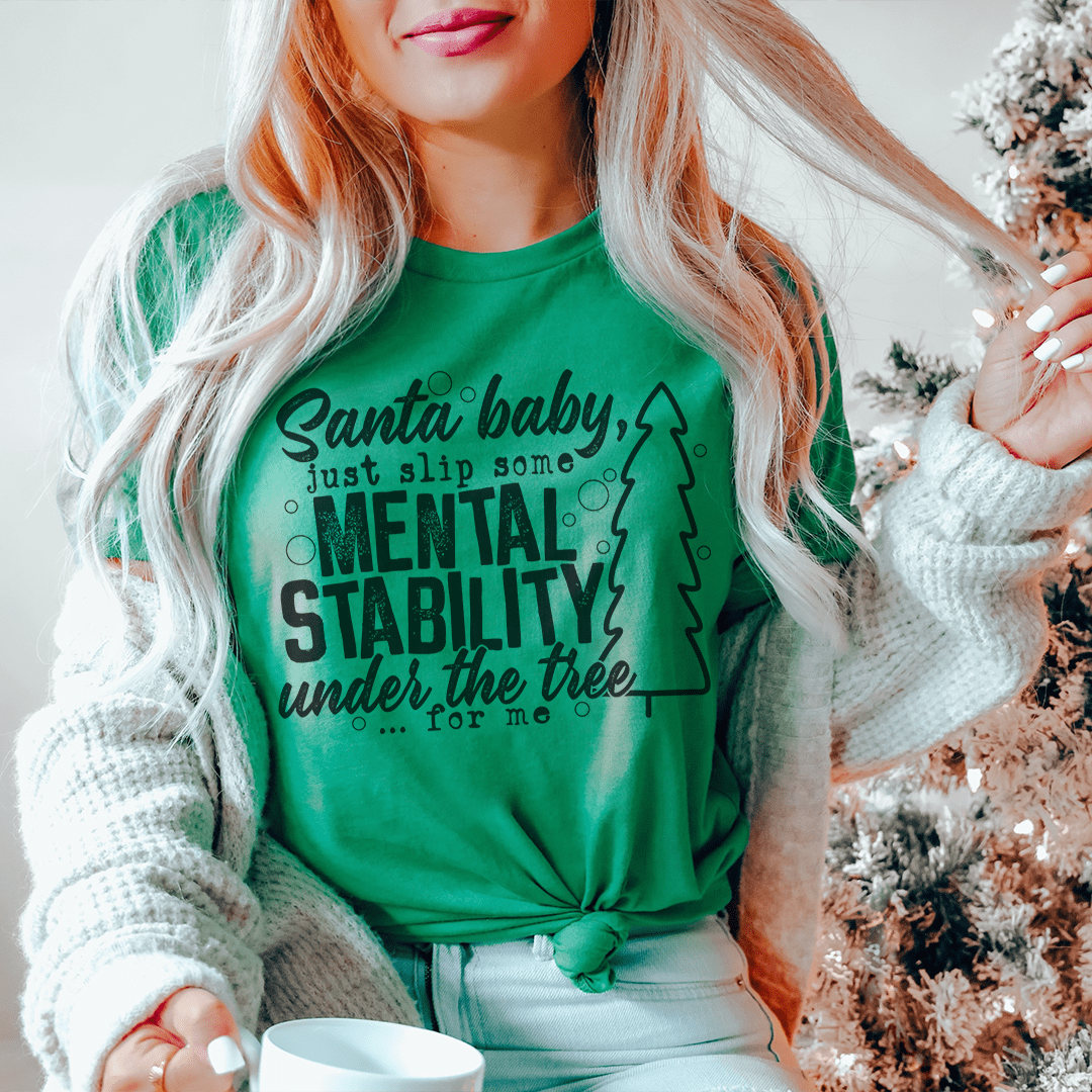 Green crewneck T-shirt with Mental Stability under the tree graphic, tied front knot