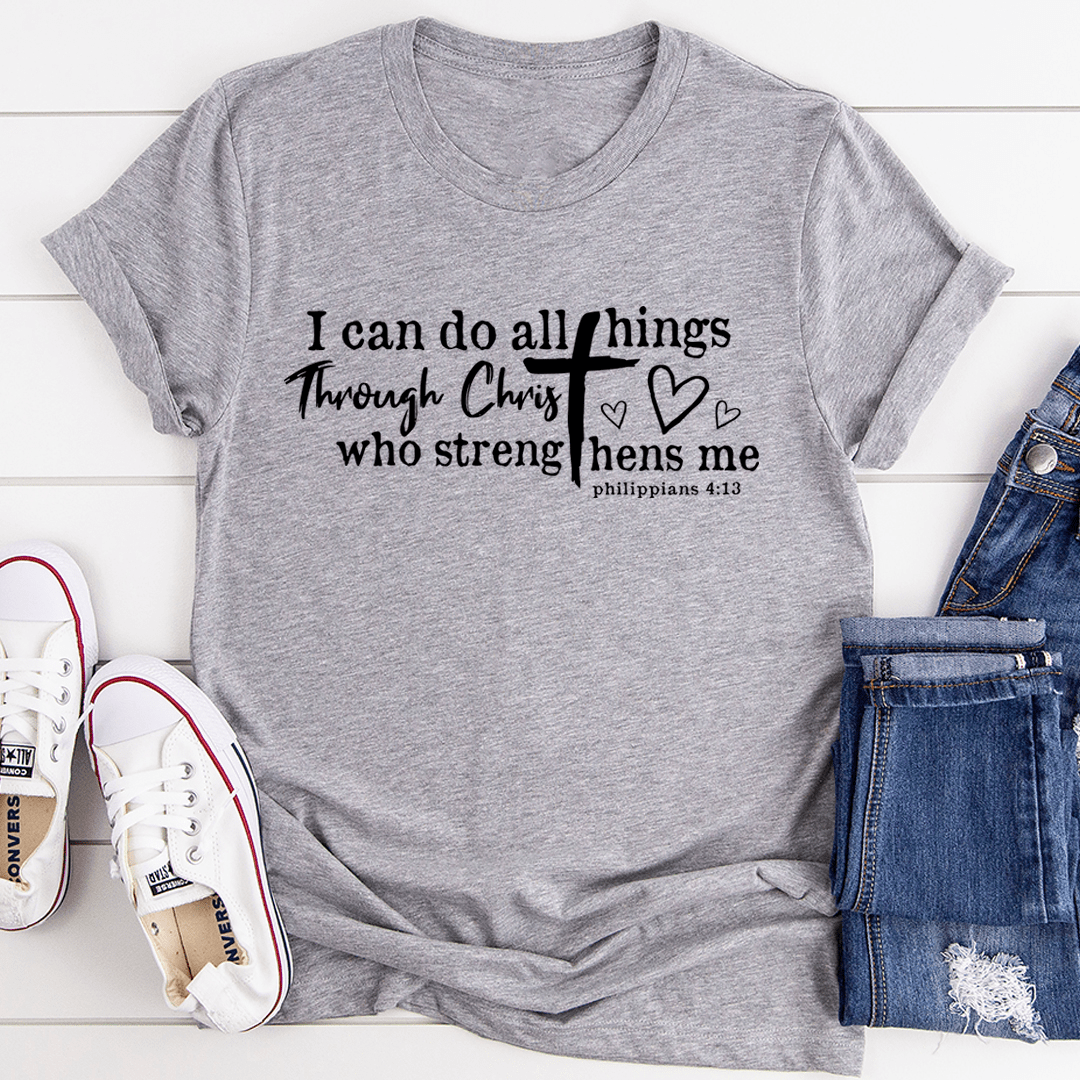 Dark grey crewneck T-shirt with Christian quote and hearts graphic on front