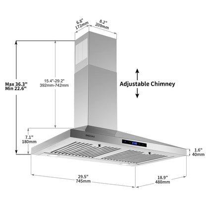 Wall mount kitchen hood size diagram with adjustable chimney