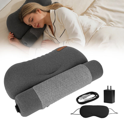 Dark grey heated cervical pillow set with power adapter, cable, and eye mask
