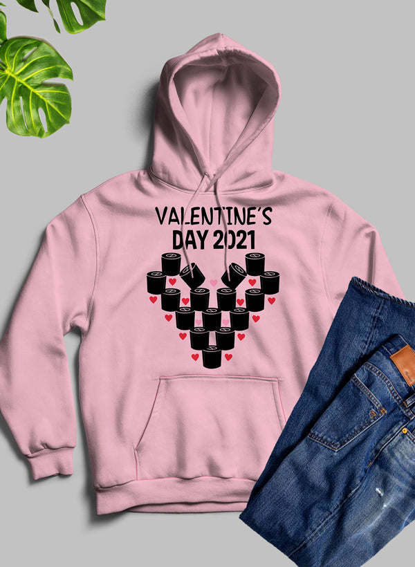 Pink hoodie with front pocket and hood, “Valentines Day 2021” graphic