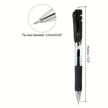Black press-and-push gel pen with 0.5mm tip size, shown with close-up