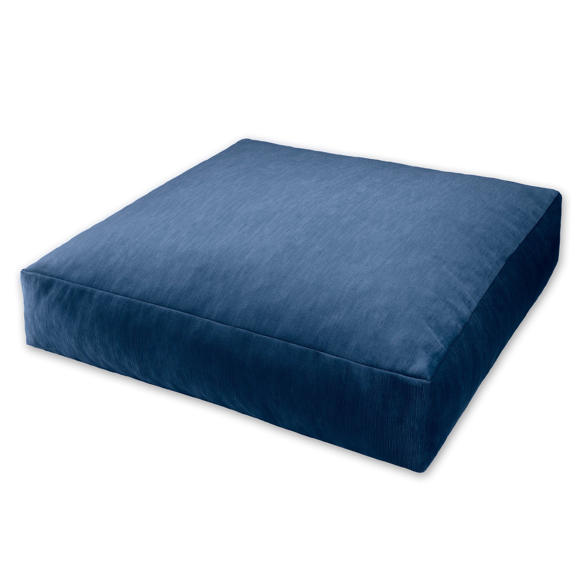 Indigo plush microvelvet floor pillow with rectangular shape and stitched edges