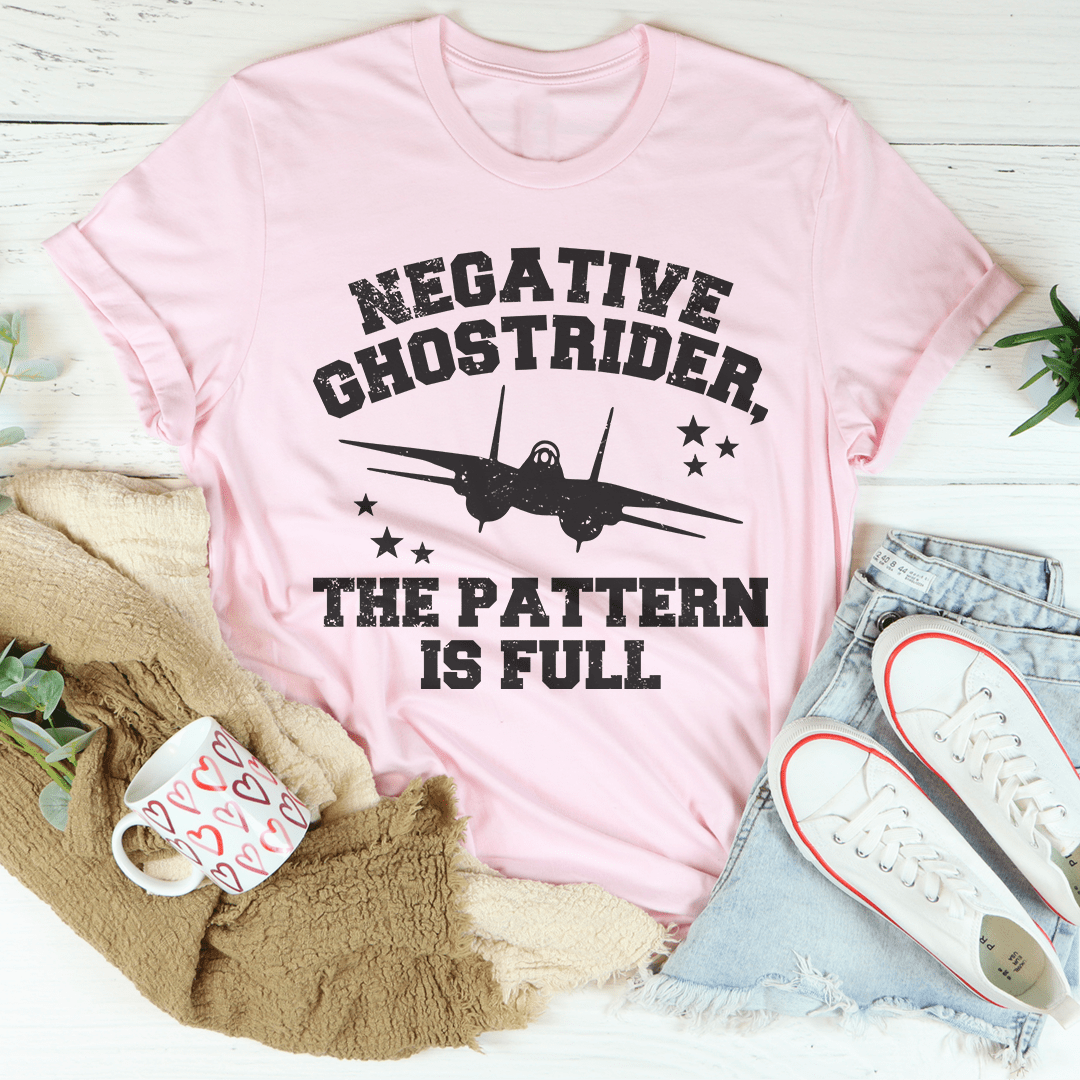 Pink graphic t-shirt with airplane logo and 'THE PATTERN IS FULL' text