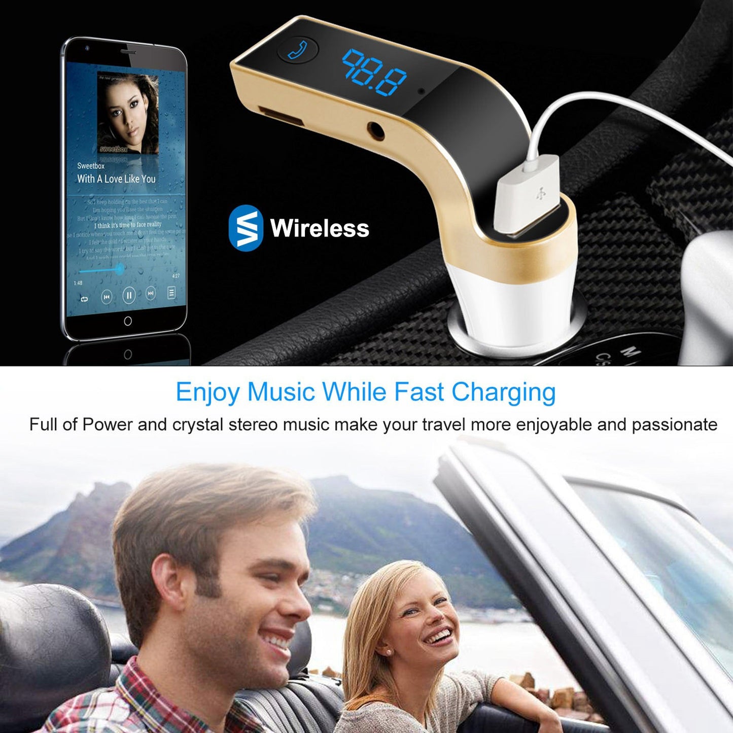 Gold car FM transmitter with USB port, LCD frequency screen, and phone charging