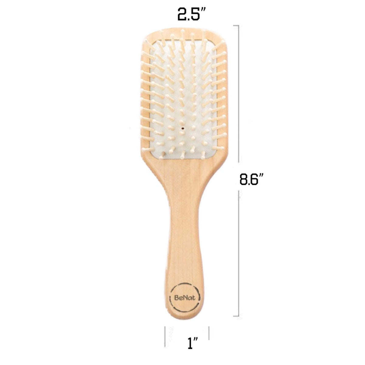 Natural wooden detangling hair brush, top-down view of white bristle pad