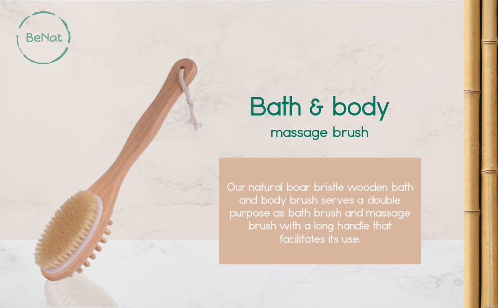 Wood massage brush with oval tan bristle head and hanging loop tassel