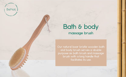 Wood massage brush with oval tan bristle head and hanging loop tassel