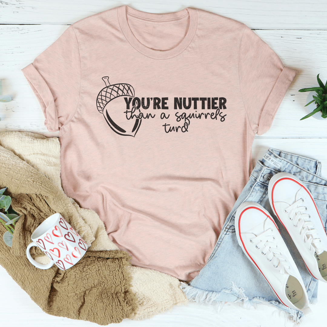 Heather Prism Peach crewneck T-shirt with nutty slogan graphic on chest