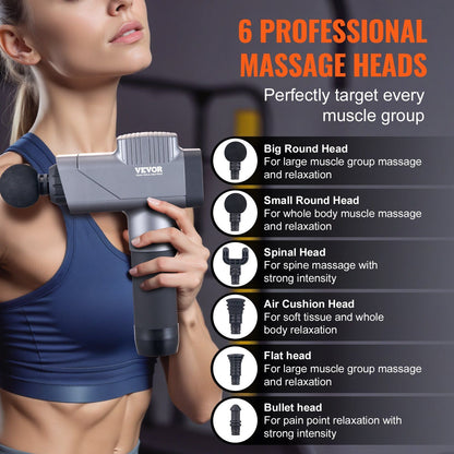 VEVOR Deep Tissue Percussion Massage Gun - 8 Speeds & 6 Heads for Athletes, Portable Handheld Massager for Pain Relief & Muscle Recovery