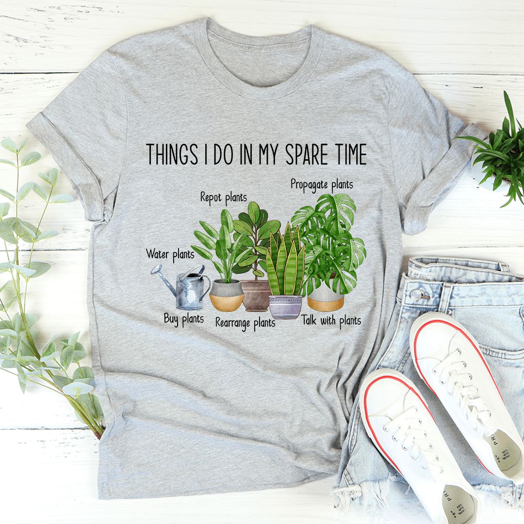 Gray crew-neck T-shirt with green plant illustration graphic