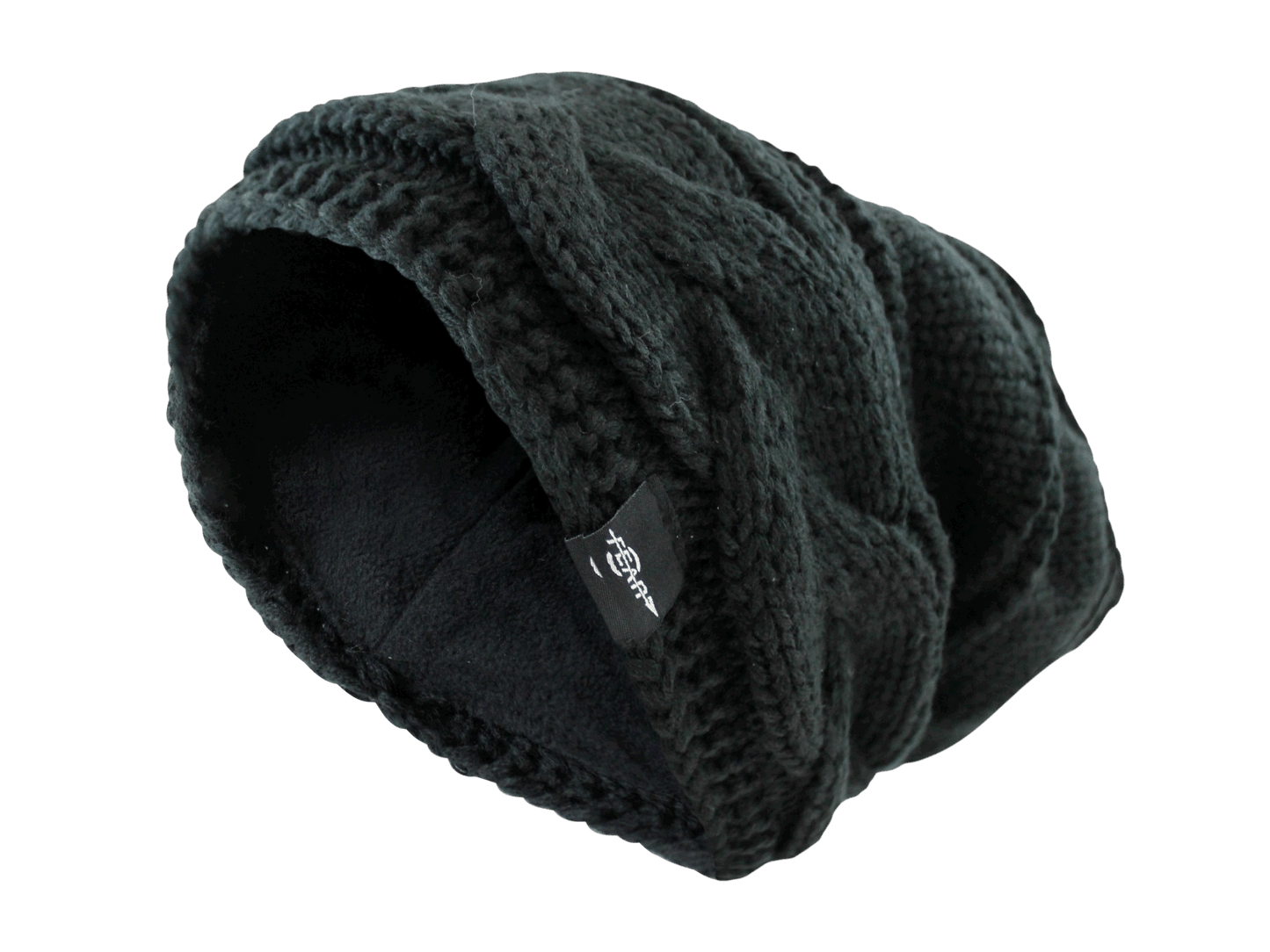 Fleece-lined knit slouch beanie hat in dark charcoal, cable texture, logo patch