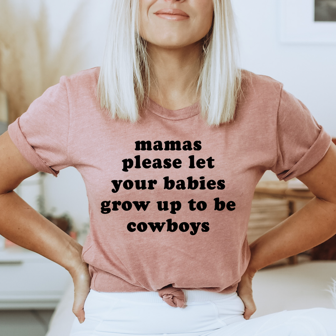 Mauve crew-neck short-sleeve T-shirt with bold black cowboy-themed text graphic