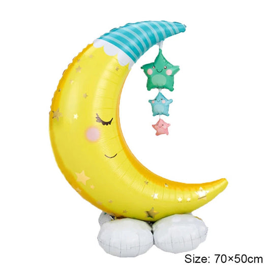 Yellow and teal crescent moon foil balloon with star charms and white base