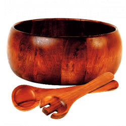 Brown wood salad bowl set with serving utensils, bowl and scoop