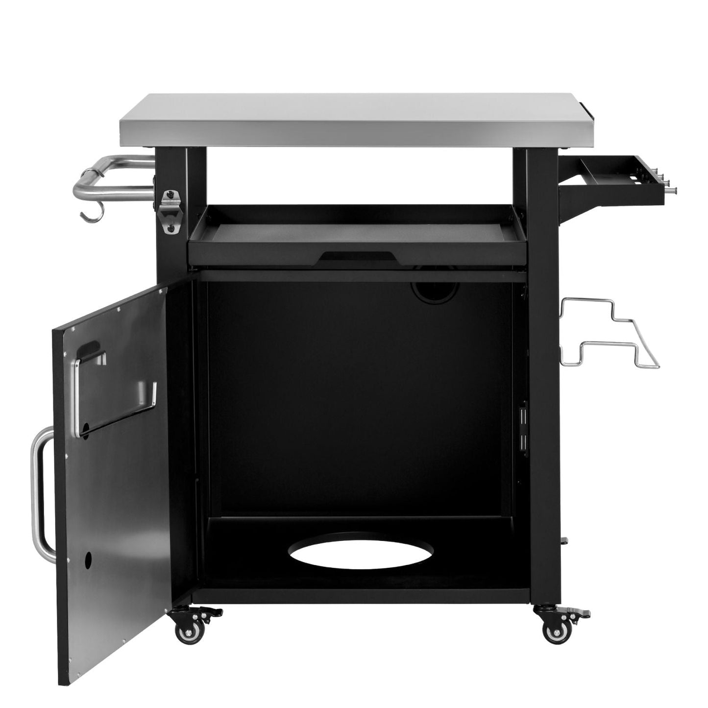 K&K 39.5" Outdoor Grill Cart with Storage Cabinet, Outdoor Bar Cart Pizza Oven Table with Wheels, Stainless Steel Top, Outdoor Kitchen Island with Spice & Paper Rack for BBQ, Waterproof Cover Included