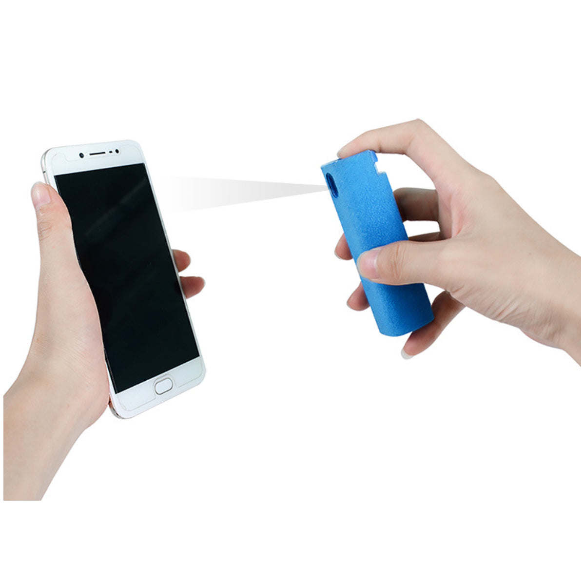 Blue screen-cleaning wipe pad and spray bottle held near a smartphone