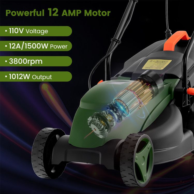 12-AMP 13.5 Inch Adjustable Electric Corded Lawn Mower with Collection Box