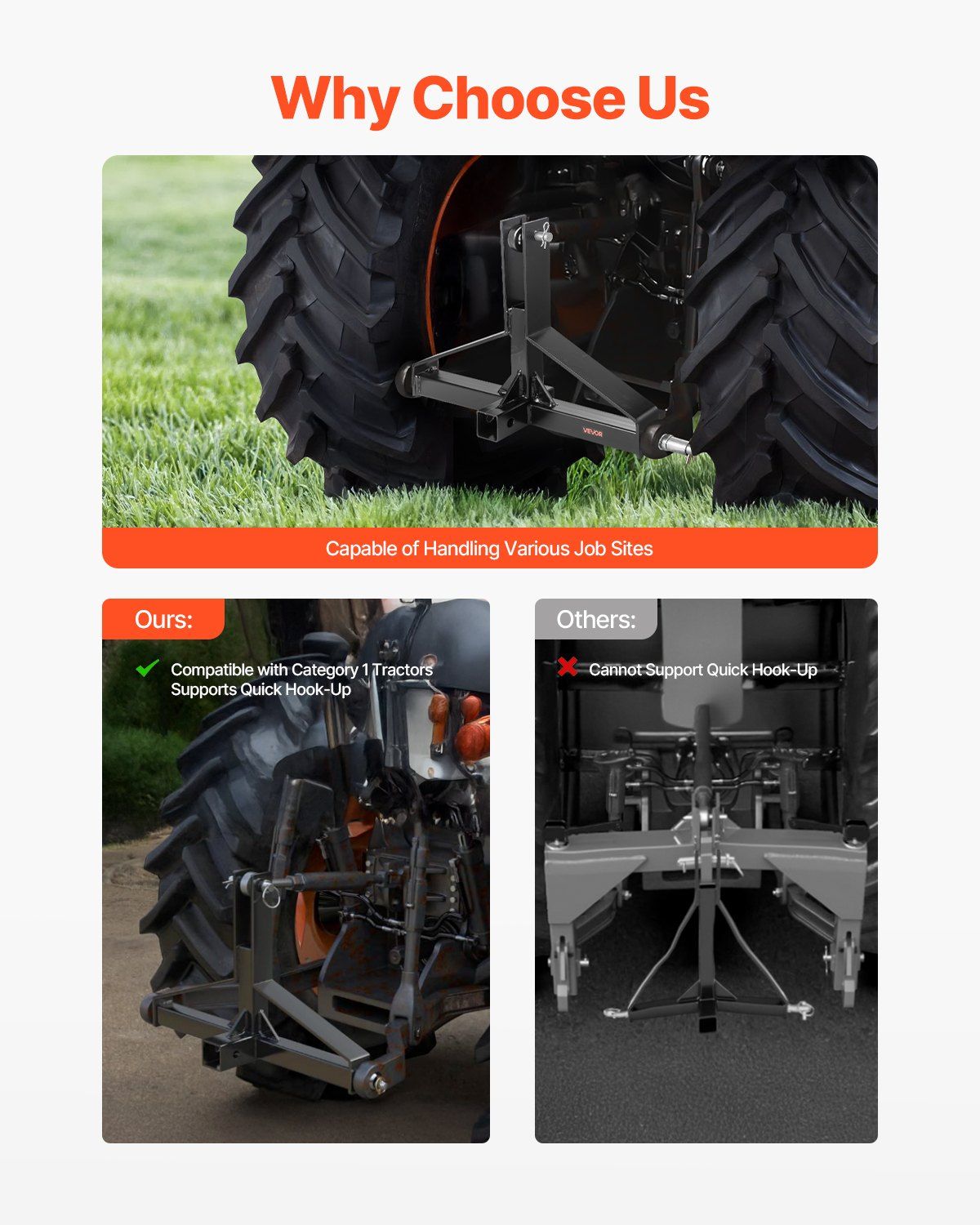 VEVOR 3-point trailer hitch installed under tractor, black steel receiver and brackets