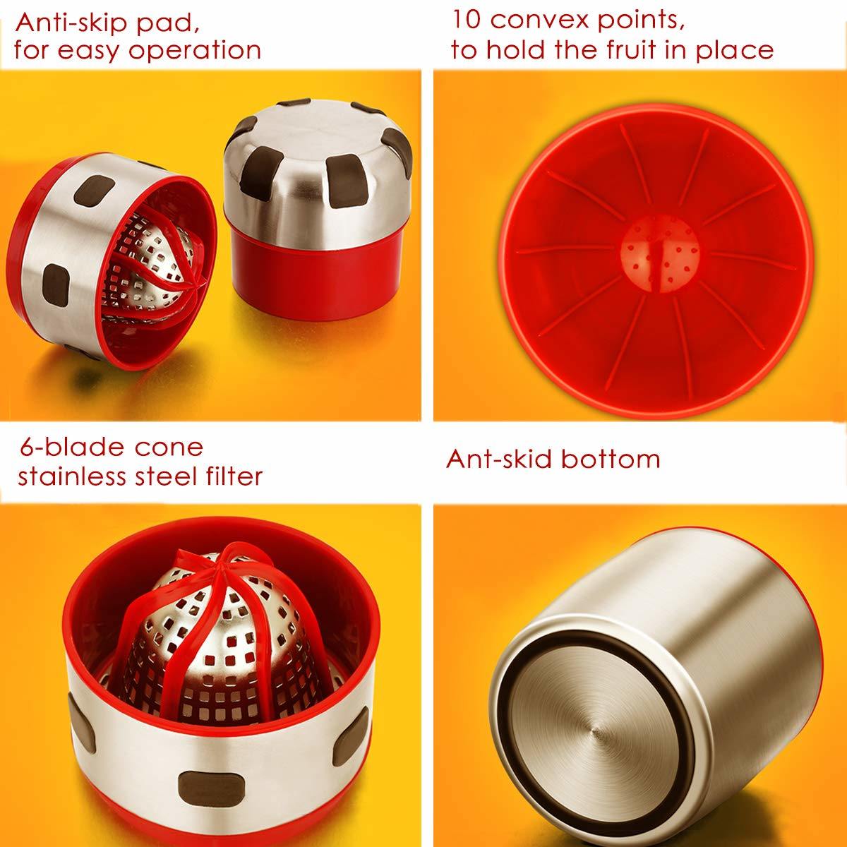 Stainless citrus juicer with red cone filter and anti-slip base, black handle grips