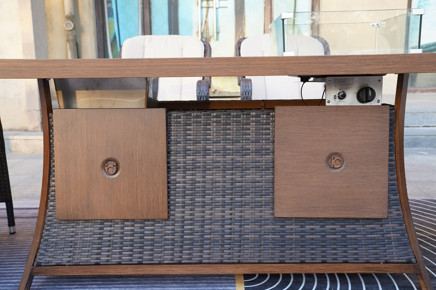 Woven storage box under patio sofa with two front doors and side panel