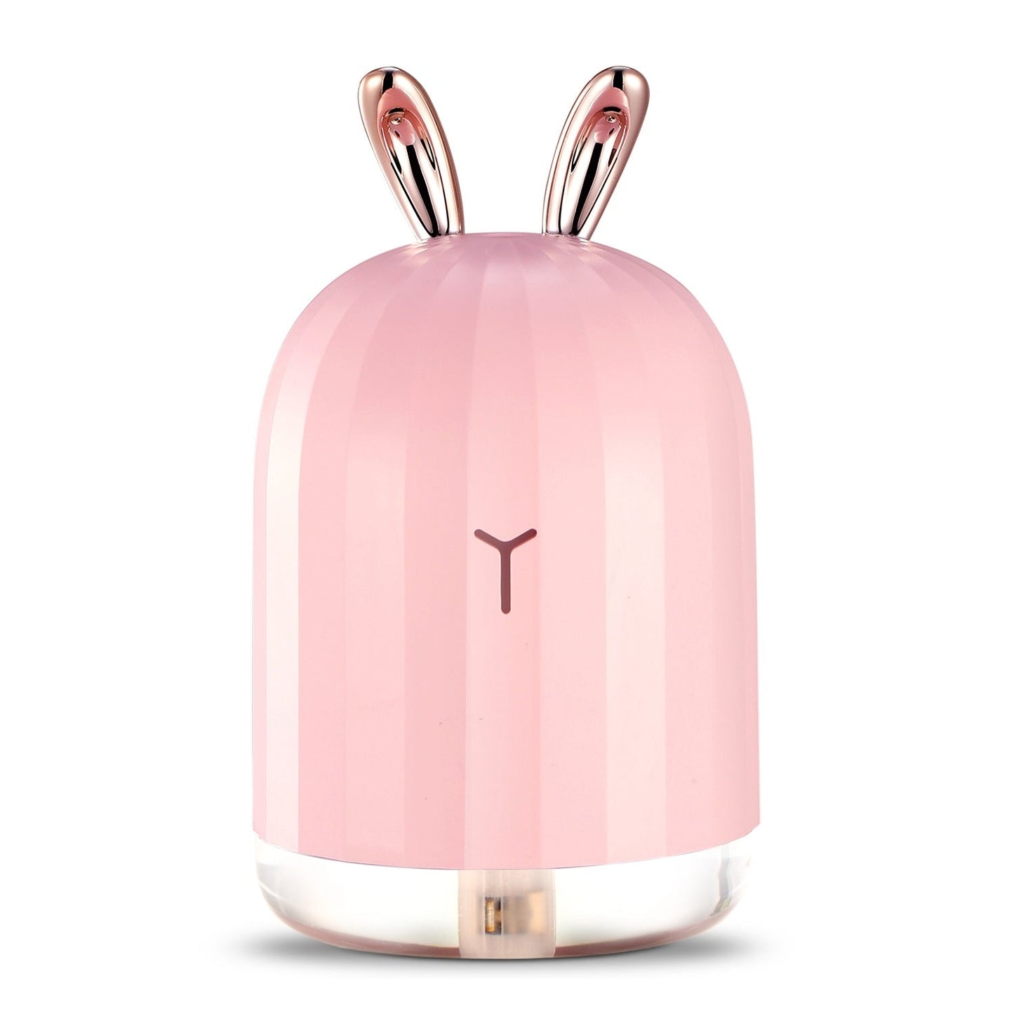 Pink bunny-shaped cool mist humidifier with glossy rose-gold ear handles