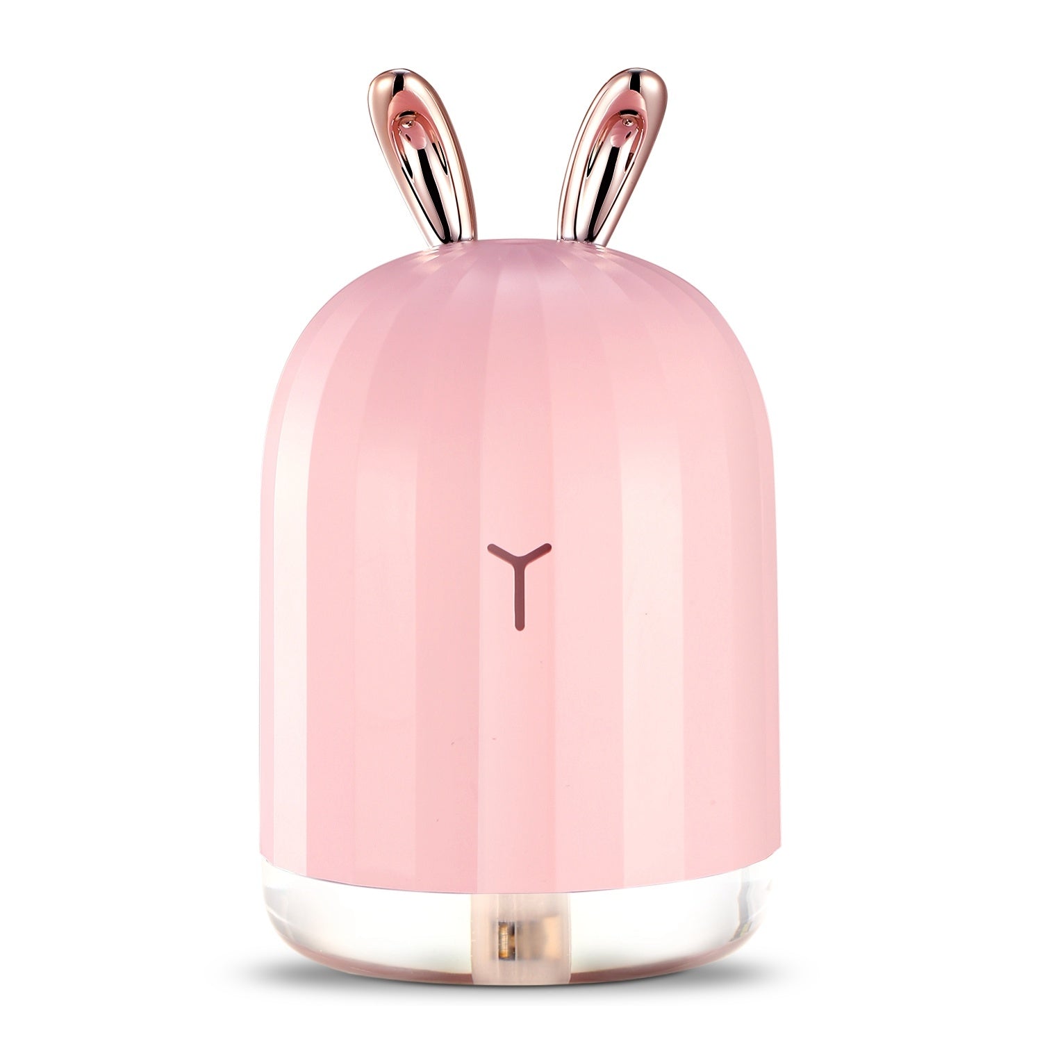 Pink bunny-shaped cool mist humidifier with glossy rose-gold ear handles