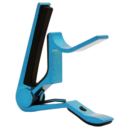 Blue guitar capo clip with black clamping bar and padded spring lever.