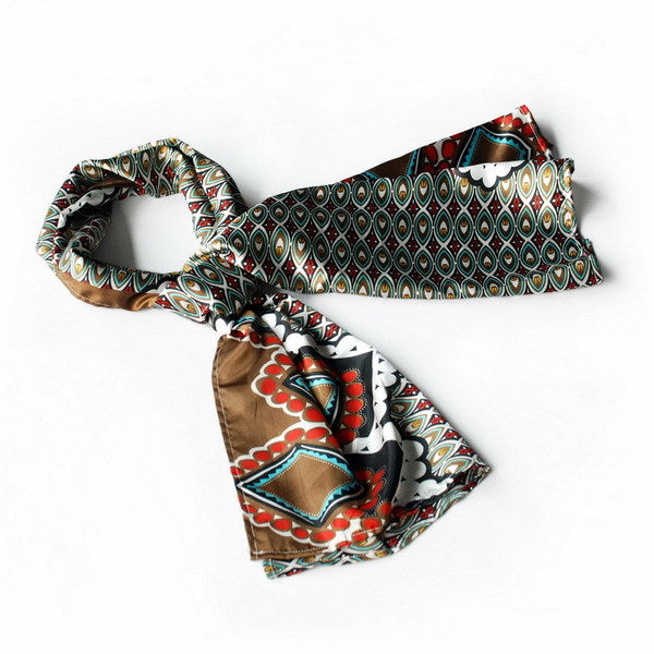 Patterned large scarf in brown, black, red and teal with paisley medallion print