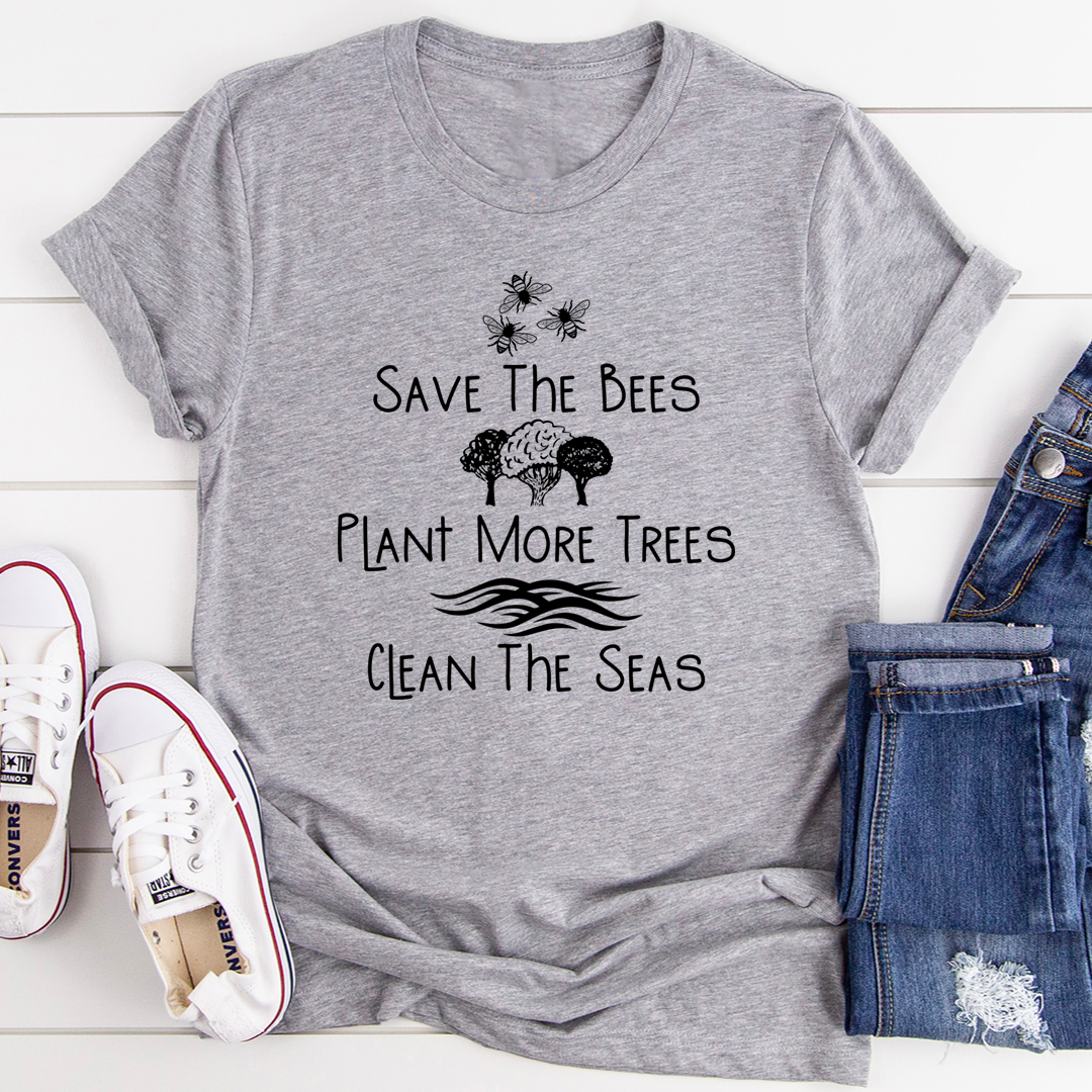 Gray graphic T-shirt with 'Save the Bees' slogan and bee, tree, ocean graphic