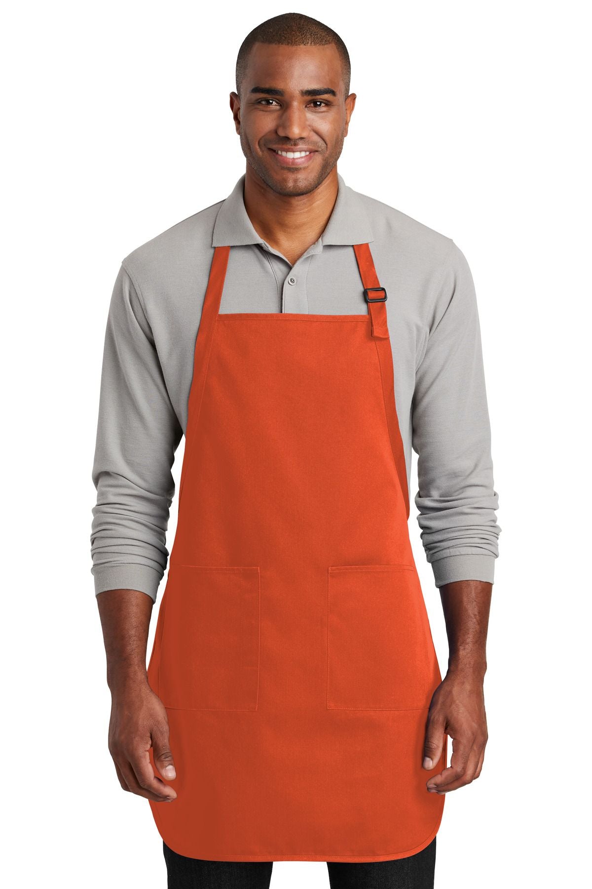 Full-length two-pocket bib apron, orange, with neck strap and two front pockets.