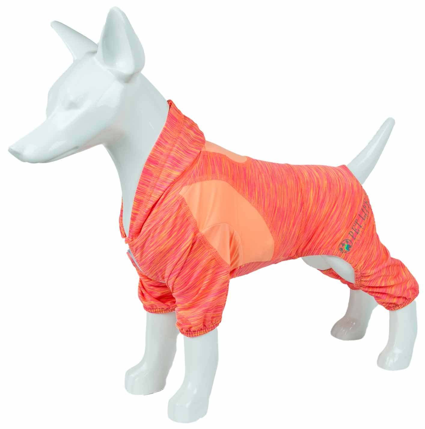 Two-tone heather performance dog hoodie on mannequin, hooded with open leg openings