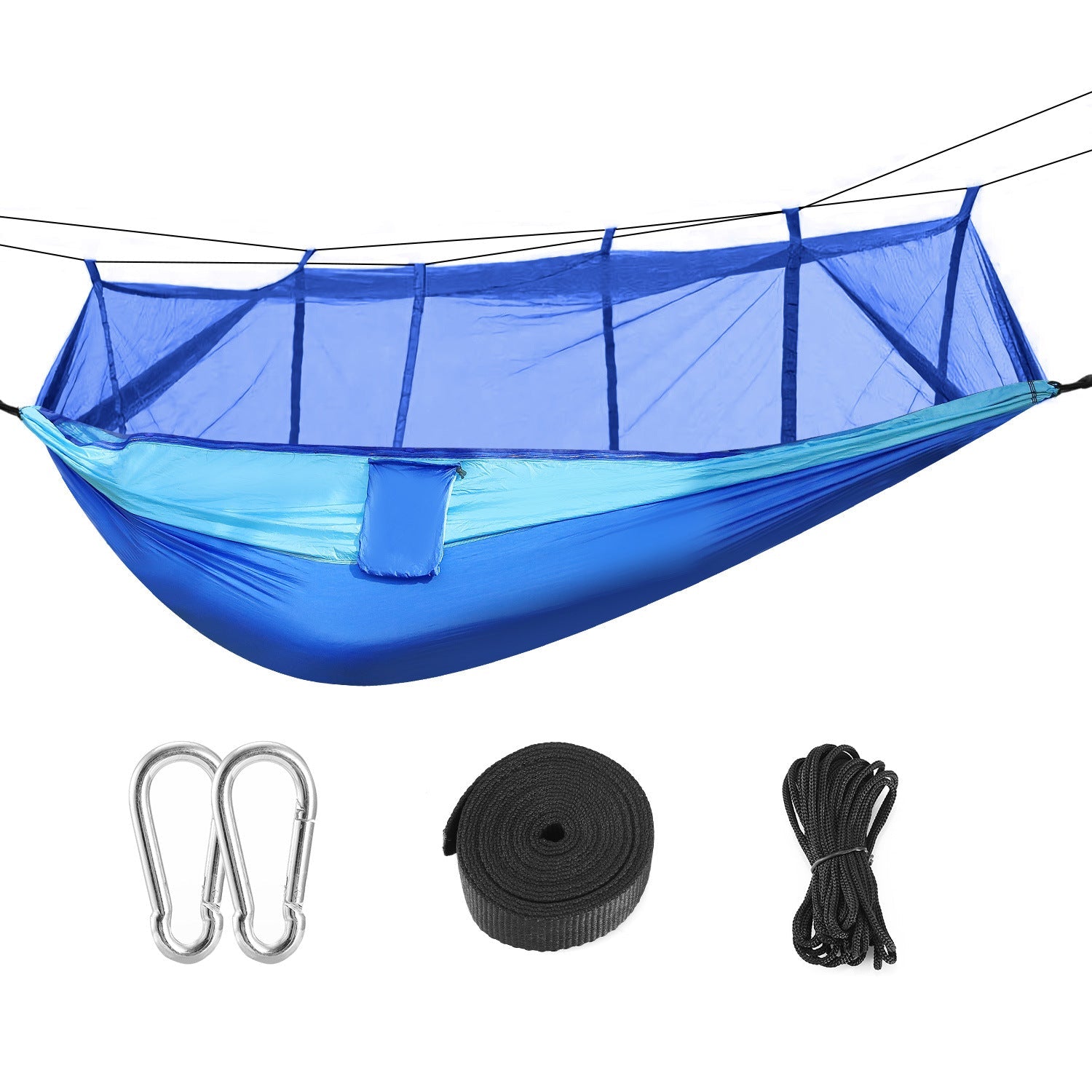 Blue hammock and accessories set: mosquito net, straps, and metal carabiners