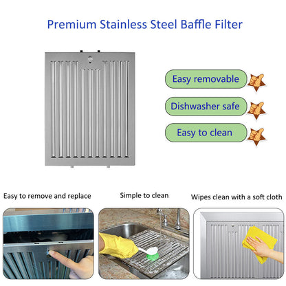 Stainless steel range hood baffle filter with removable, dishwasher-safe design