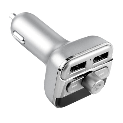 Silver car wireless FM transmitter with dual USB ports and control buttons