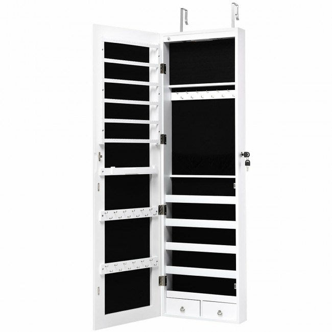 White mirrored jewelry cabinet door open, showing black interior shelves and rods