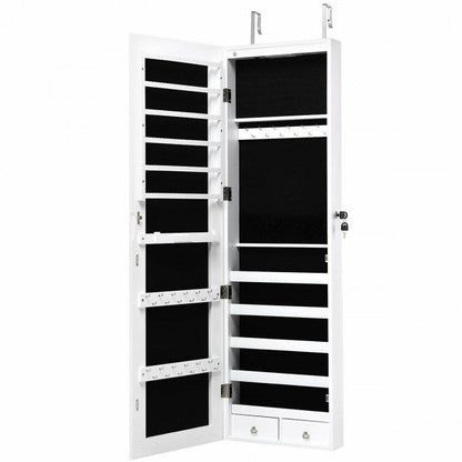 White mirrored jewelry cabinet door open, showing black interior shelves and rods