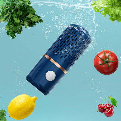 Ultrasonic fruits and veggie cleaner, blue handheld unit spraying water near produce