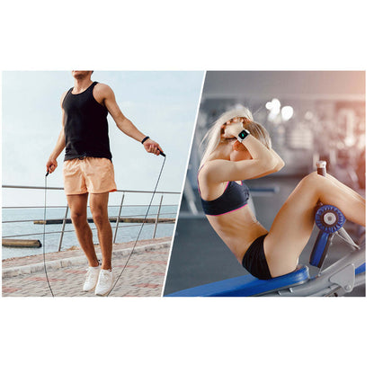 Smart watch with dark strap on wrist, fitness-style wear during exercise