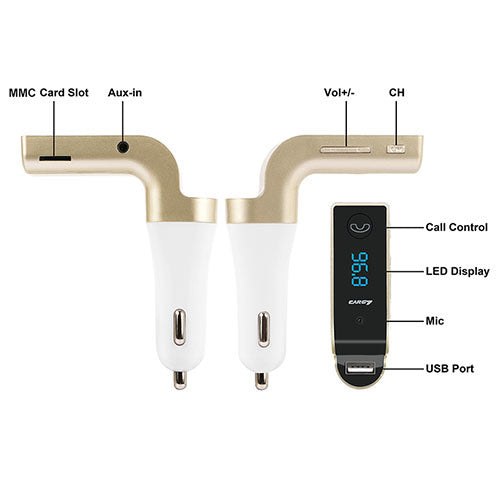 Gold and white car FM transmitter layout with MMC card slot, AUX-in, USB port, mic