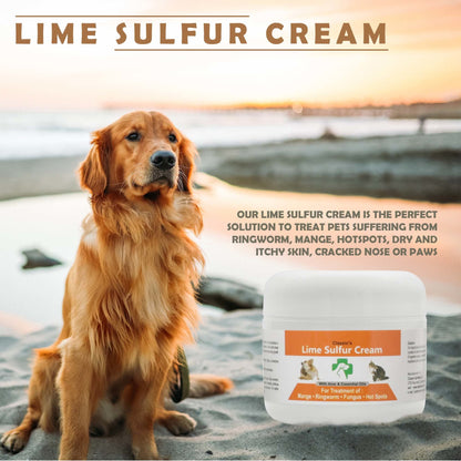 Lime Sulfur Cream jar with white lid and orange label beside a dog