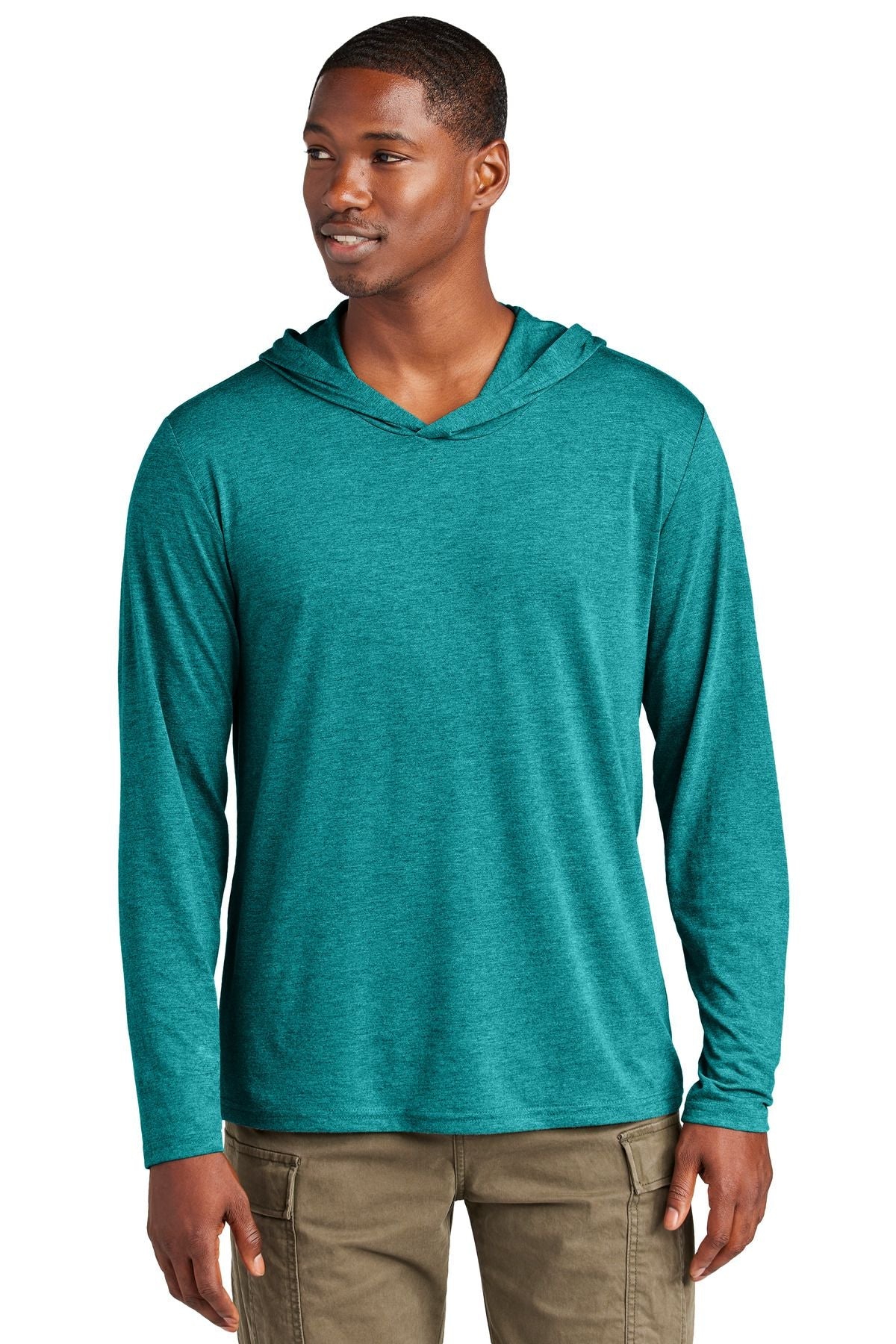 Teal long-sleeve pullover hoodie with hood and front pouch pocket
