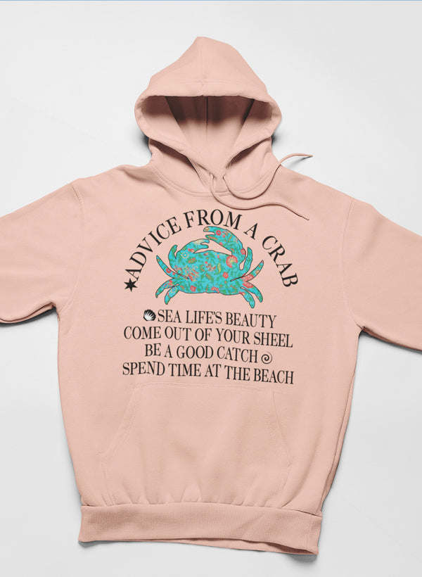 Advice From A Crab hoodie, heather prism peach, front crab graphic, pouch pocket, hood.