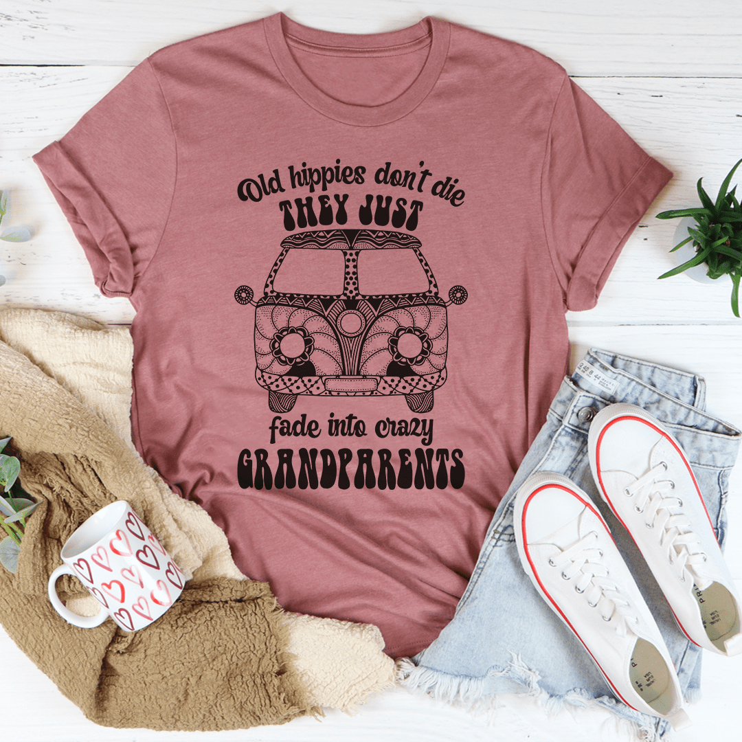 Mauve pink t-shirt with van graphic and grandparents-style quote text