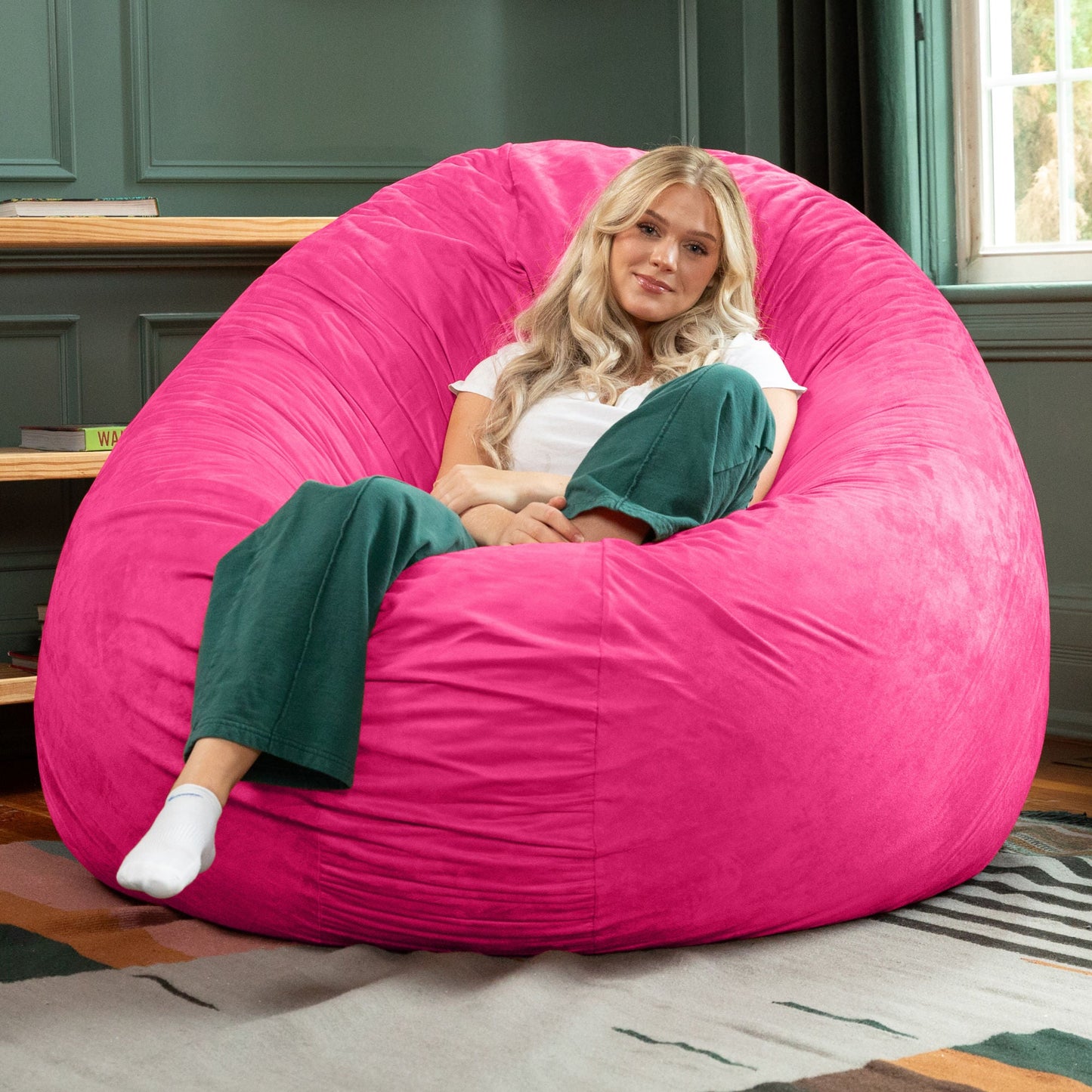 Fuchsia microsuede cocoon bean bag chair, round cushion with deep lounging bed