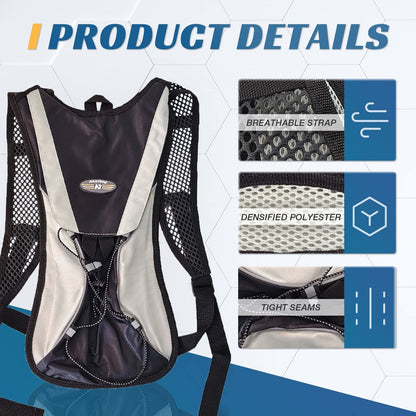 Hydration backpack with breathable mesh straps, padded back panel, and reinforced seams