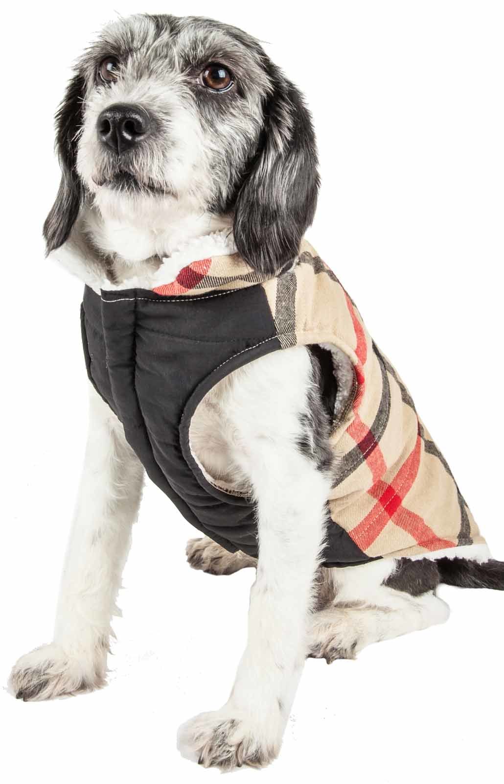 Dog insulated coat jacket with black body panel and red plaid collar
